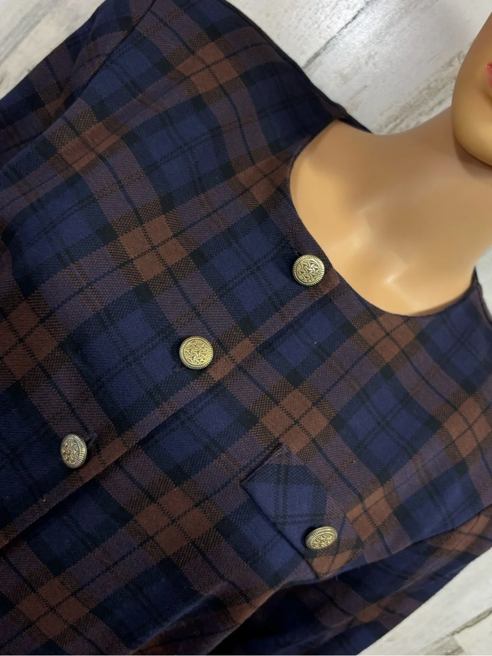 Fashion Bug Vintage 80’s-90’s Navy & Brown Plaid Button-Front Dress